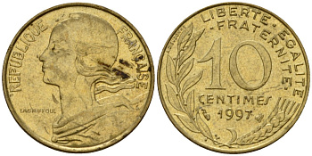 Франция 10 сантимов 1997 тип Marianne KM 929 алюминиевая бронза 4390-1032