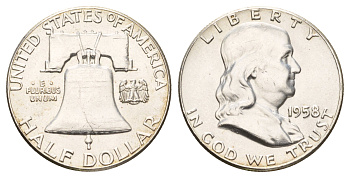 США 1/2 доллара (50 центов) 1958 Бенджамин Франклин, тип - 2, колокол KM 199 серебро aUNC 1529-431