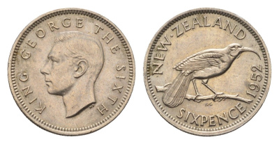 Новая Зеландия 6 пенсов 1952 Георг VI (1936-1952), разноклювая гуйя KM 16 медно-никель aUNC 39-1218