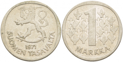 ФИНЛЯНДИЯ 1 МАРКА 1971 S КМ 49a медно-никель 213-1232