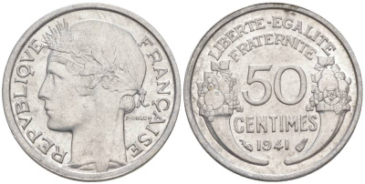 ФРАНЦИЯ 50 САНТИМОВ 1941 ТИП MORLON LOURDE KM 894.1a, LE FRANC 193.2 алюминий 44-332
