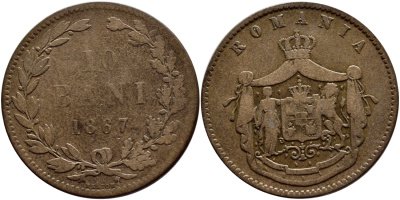 Румыния 10 бани 1867 монетный двор Heaton (Хитон), Кароль I как принц (1866-1881) KM 4.1 медь 4364-4233