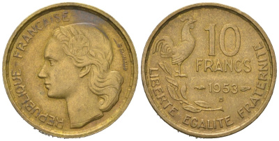 Франция 10 франков 1953 петух KM 915.1, Le Franc 363.8 алюминиевая бронза 4164-1161