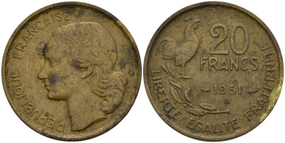 Франция 20 франков 1951 B, Петух KM 917.1 алюминиевая бронза 4159-933