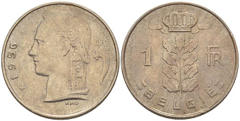 БЕЛЬГИЯ 1 ФРАНК 1956 BELGIE, БОДУЭН I (1951-1993) KM 143.1 медно-никель 202-953