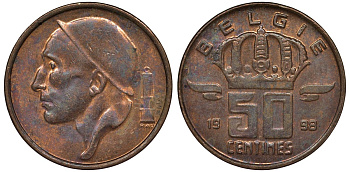 Бельгия 50 сантимов 1998 Belgie KM 149 бронза 4124-549