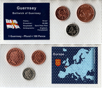 Гернси набор из 3 монет (1, 2 и 5 пенсов) 2003, 2006 и 2010 в красочной упаковке с информацией о стране KM 89, 96 и 97 UNC 2-6-3-124