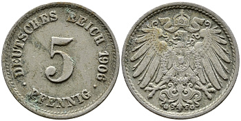 ГЕРМАНИЯ 5 ПФЕННИГОВ 1906 G, KM 11, J. 12 медно-никель 4387-739
