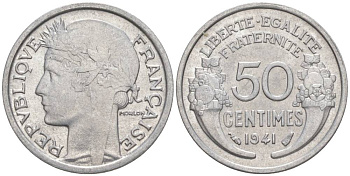 ФРАНЦИЯ 50 САНТИМОВ 1941 ТИП MORLON LOURDE KM 894.1a, LE FRANC 193.2 алюминий 44-263