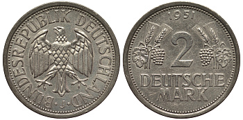 ФРГ 2 марки 1951 J J.386 KM 111 медно-никель плакированный никелем 1529-314