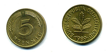 ФРГ 5 ПФЕННИГОВ 1989 F KM 107, J 382 сталь плакированная латунью 46-317