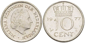 НИДЕРЛАНДЫ 10 ЦЕНТОВ 1977 ЮЛИАНА (1948-1980) KM 182 никель 211-1229