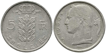 БЕЛЬГИЯ 5 ФРАНКОВ 1950 BELGIE KM 135.1 медно-никель 24-1243