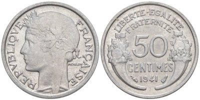 ФРАНЦИЯ 50 САНТИМОВ 1941 ТИП MORLON LOURDE KM 894.1a, LE FRANC 193.2 алюминий 44-263