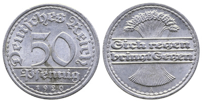 ГЕРМАНИЯ 50 ПФЕННИГОВ 1920 А KM 27, J. 301 алюминий 4380-553