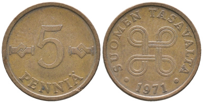 ФИНЛЯНДИЯ 5 ПЕННИ 1971 KM 45 медь 100-964