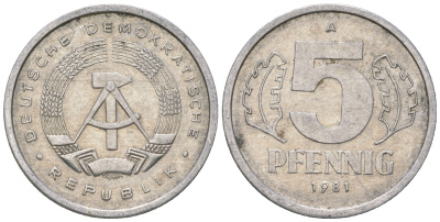 ГДР 5 пфеннигов 1981 A KM 9.2 алюминий 4625-1267