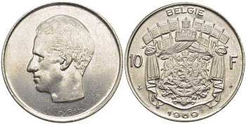 БЕЛЬГИЯ 10 ФРАНКОВ 1969 BELGIE, БОДУЭН I (1951-1993) KM 156.1 никель 115-636