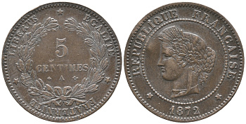 ФРАНЦИЯ 5 САНТИМОВ 1872 А, ТРЕТЬЯ РЕСПУБЛИКА (1871-1940) KM 821.1, LE FRANC 118.5 бронза 34-415