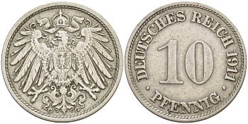 Германия 10 пфеннигов 1911 G KM 12, Jager 13, Weege 8 медно-никель 219-221