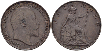 Великобритания 1 фартинг 1902 Эдуард VII (1901-1910) KM 792, Spink 3992 бронза 100-243