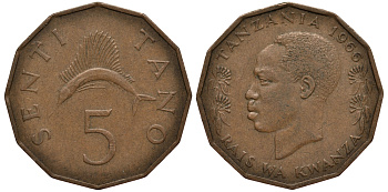 ТАНЗАНИЯ 5 СЕНТИ 1966 KM 1 бронза 4182-343