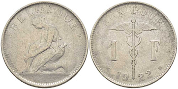 Бельгия 1 франк 1922 Belgique, Альберт I (1910-1934) KM 89 никель 119-414