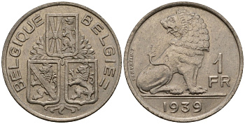 Бельгия 1 франк 1939 Belgique - Belgie KM 119 никель 4603-1245