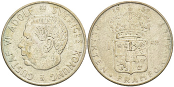 Швеция 1 крона 1952 TS, Густав VI Адольф (1950-1973) KM 826 серебро 3851-917