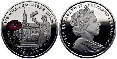Фолклендские острова 1 крона 2014 в память героев первой мировой войны, Королевский госпиталь Челси, красный мак KM 177a.1 серебро, эмаль  PROOF 1071-2-61