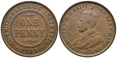 АВСТРАЛИЯ 1 ПЕННИ 1922 ГЕОРГ V KM 23 бронза 4385-313