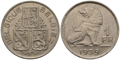 Бельгия 1 франк 1939 Belgique - Belgie KM 119 никель 4603-1245