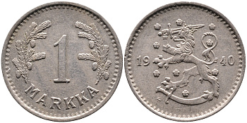 ФИНЛЯНДИЯ 1 МАРКА 1940 S KM 30 медно-никель 4388-952