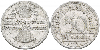 ГЕРМАНИЯ 50 ПФЕННИГОВ 1921 A KM 27, J. 301 алюминий 4539-742