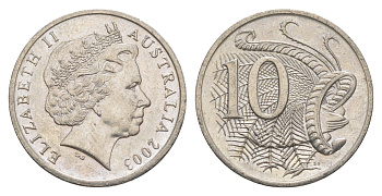 Австралия 10 центов 2003 Елизавета II (1952-2022), птица лирахвост KM 402 медно-никель 4384-523