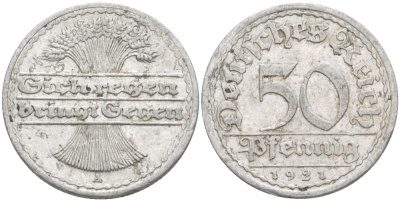 ГЕРМАНИЯ 50 ПФЕННИГОВ 1921 A KM 27, J. 301 алюминий 4539-742