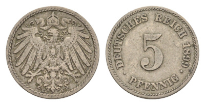 Германия 5 пфеннигов 1899 E, Вильгельм II (1888-1918) KM 11, J. 12 медно-никель 4640-111