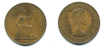 Великобритания 1 пенни 1963 Елизавета II (1952-2022) KM 897, Spink 4157 бронза 4383-732