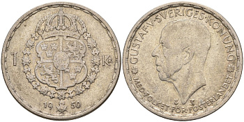 Швеция 1 крона 1950 TS, Густав VI Адольф (1950-1973) KM 814 серебро 4148-1132