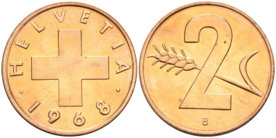 Швейцария 2 раппена 1968 В KM 47 бронза UNC 4571-151