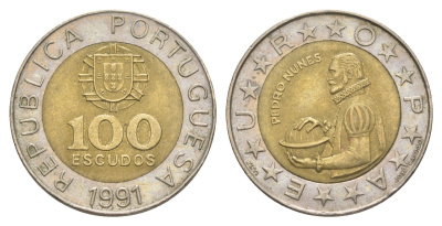 Португалия 100 эскудо 1991 Педру Нуниш (1502-1578), математик KM 645 биметалл 4388-753