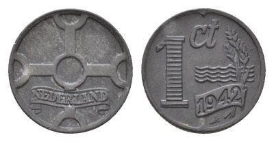 Нидерланды 1 цент 1942 Вильгельмина (1890-1948) KM 170 цинк 4674-1168
