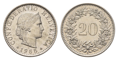 Швейцария 20 раппенов 1965 KM 29a медно-никель 4685-268