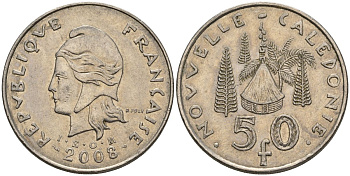 Французская Новая Каледония 50 франков 2008 хижина среди сосен и пальм, (IEOM) KM 13a, Schoen 15a, Lec 128i медно-никель 4111-313