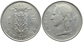 БЕЛЬГИЯ 1 ФРАНК 1951 BELGIQUE KM 142.1 медно-никель 4390-825