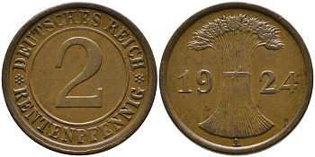 ГЕРМАНИЯ 2 РЕНТЕНПФЕННИГА 1924 А KM 31, J.307 бронза 96-611