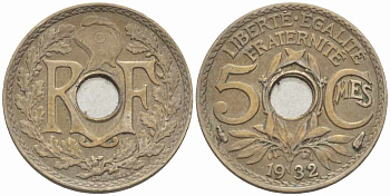 ФРАНЦИЯ 5 САНТИМОВ 1932 ТИП ЛИНДАЙЁ KM 875, LE FRANC 122.15 медно-никель 105-362