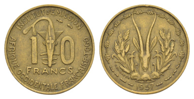 Французская Западная Африка 10 франков 1957 Центральный банк государств Западной Африки KM 8 медь алюминий 4642-224