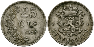 Люксембург 25 сантимов 1927 KM 37 медно-никель 4171-1144