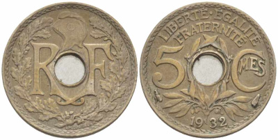 ФРАНЦИЯ 5 САНТИМОВ 1932 ТИП ЛИНДАЙЁ KM 875, LE FRANC 122.15 медно-никель 105-362